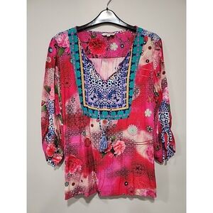 John Mark Tunic Blouse Womens PL Pink Floral Print Cinch Sleeve Boho Lagenlook